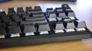 Corsair K70 Pro TKL gaming keyboard's keys, head on and close up