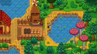 A player fishing in a pond in Stardew Valley.