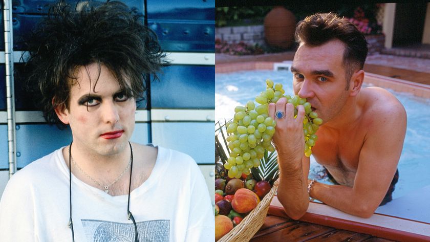 Robert Smith and Morrissey, who is eating some grapes. In a swimming pool.
