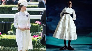 Kate Middleton at Ascot 2017 wearing a white dress side-by-side with a similar Erdem design