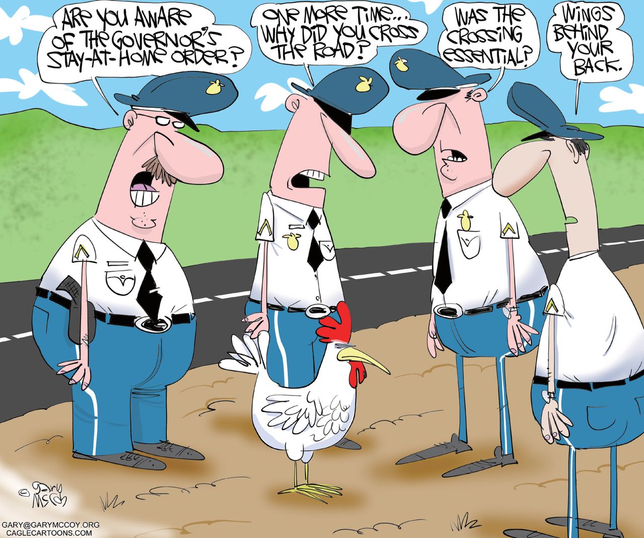 Editorial Cartoon U.S. Chicken crossed the road coronavirus arrested