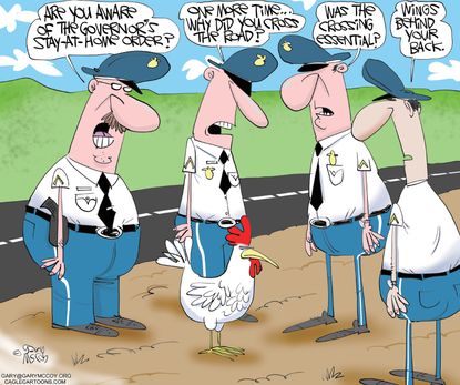 Editorial Cartoon U.S. Chicken crossed the road coronavirus arrested