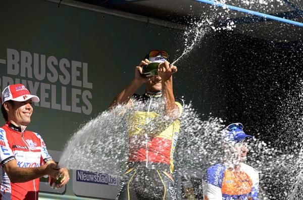 The 2012 Paris-Brussels podium of (L-R) Oscar Freire, Tom Boonen and Mark Renshaw uncork the bubbly.