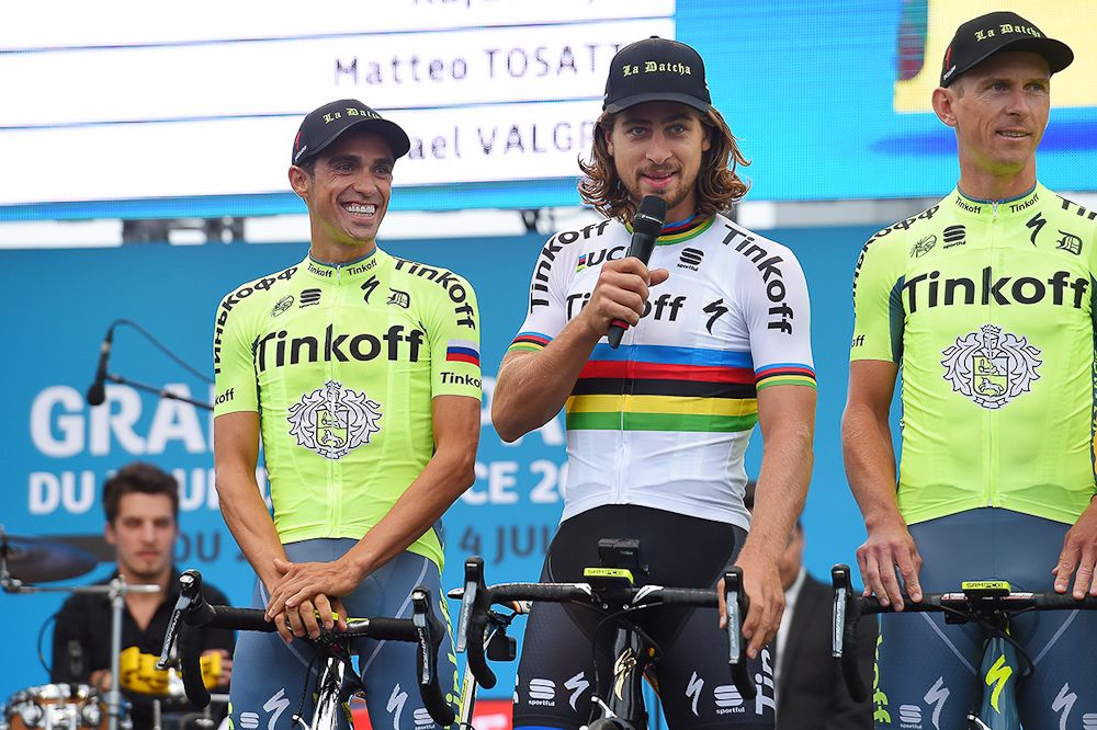 Peter Sagan addresses the crowd at the 2016 Tour de France team presentation.