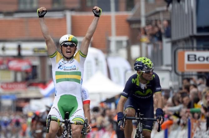 Simon Gerrans (Orica-GreenEdge) wins the 2014 Li&egrave;ge-Bastogne-Li&egrave;ge over Alejandro Valverde (Movistar)