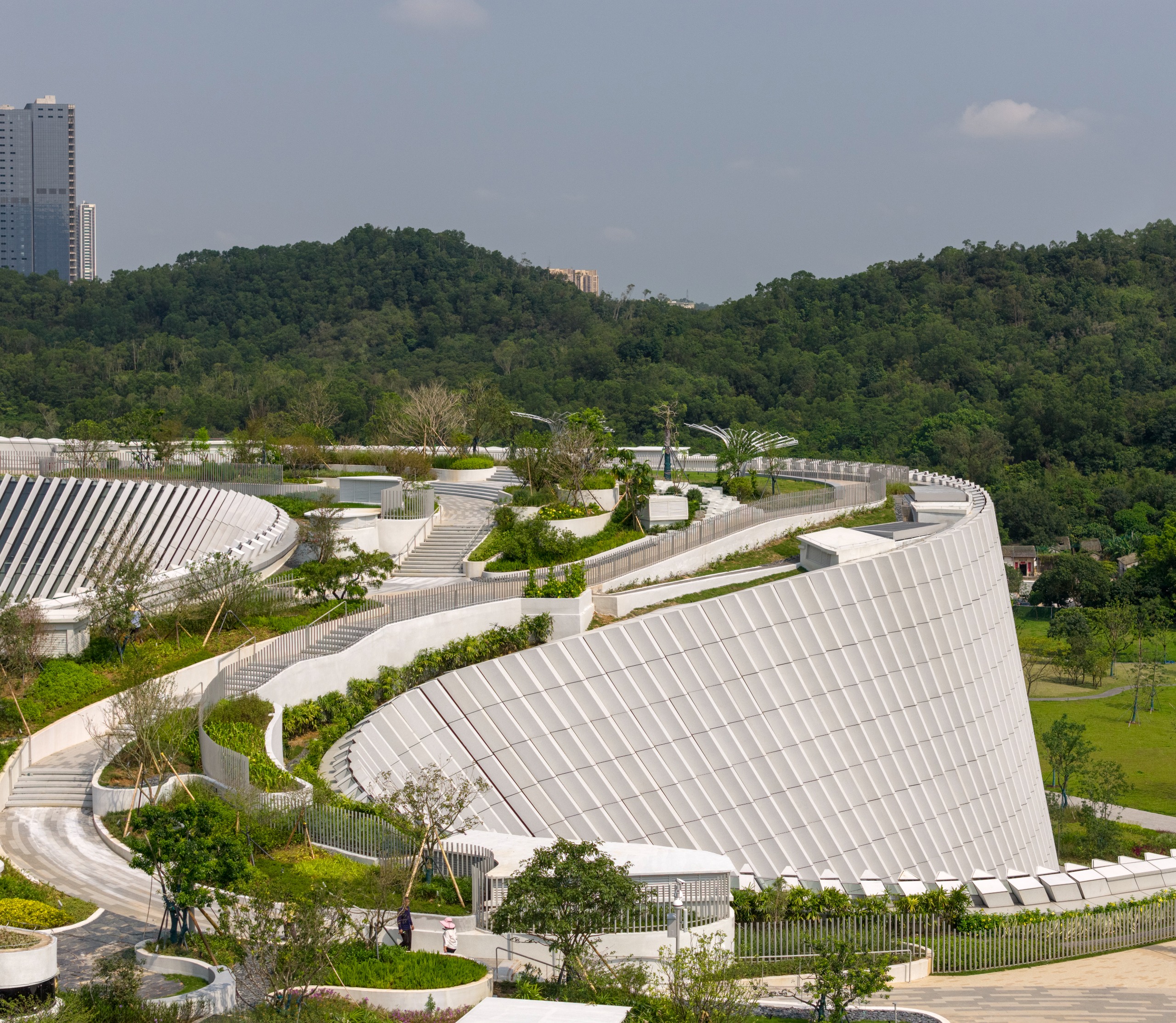 undulating forms of the Shenzhen Natural History Museum by 3XN, B+H Architects and Zhubo Design in a green park