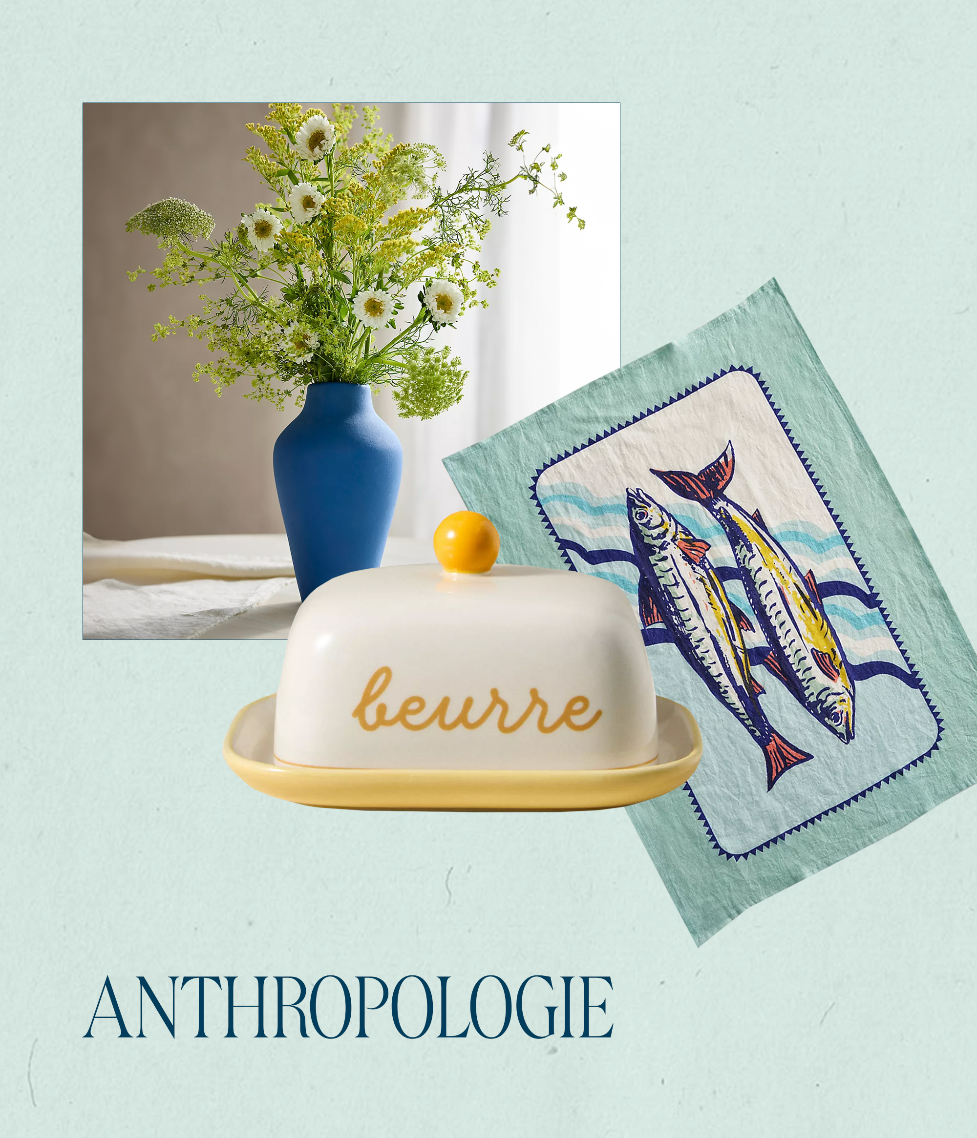 Collage of butter tray, vase, and sardine linen dish towel from Anthropologie