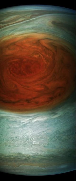 This enhanced-color image of Jupiter's Great Red Spot was created by citizen scientist Gerald Eichstädt using data from the JunoCam imager on NASA's Juno spacecraft. The image is adjusted and strongly enhanced to draw viewers' eyes to the iconic storm and the turbulence around it.