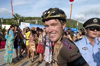 You're kidding me aren't you, how good is this: Johnnie Walker (Footon Servetto) from Australia can't believe his luck as the Miss World entrants line up behind him.