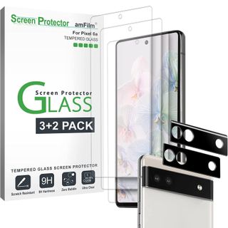 amFilm 3 Pack Tempered Glass with 2 Pack Camera Lens Protector for Google Pixel 6a