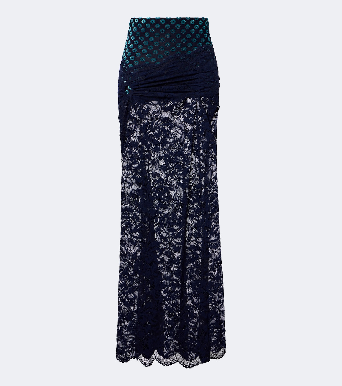 Gathered Lace and Velvet Maxi Skirt in Blue - Rabanne