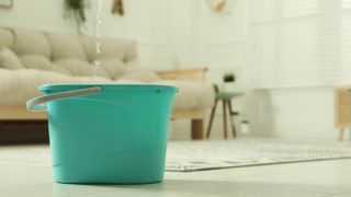 A bucket collecting leaking water in a living room