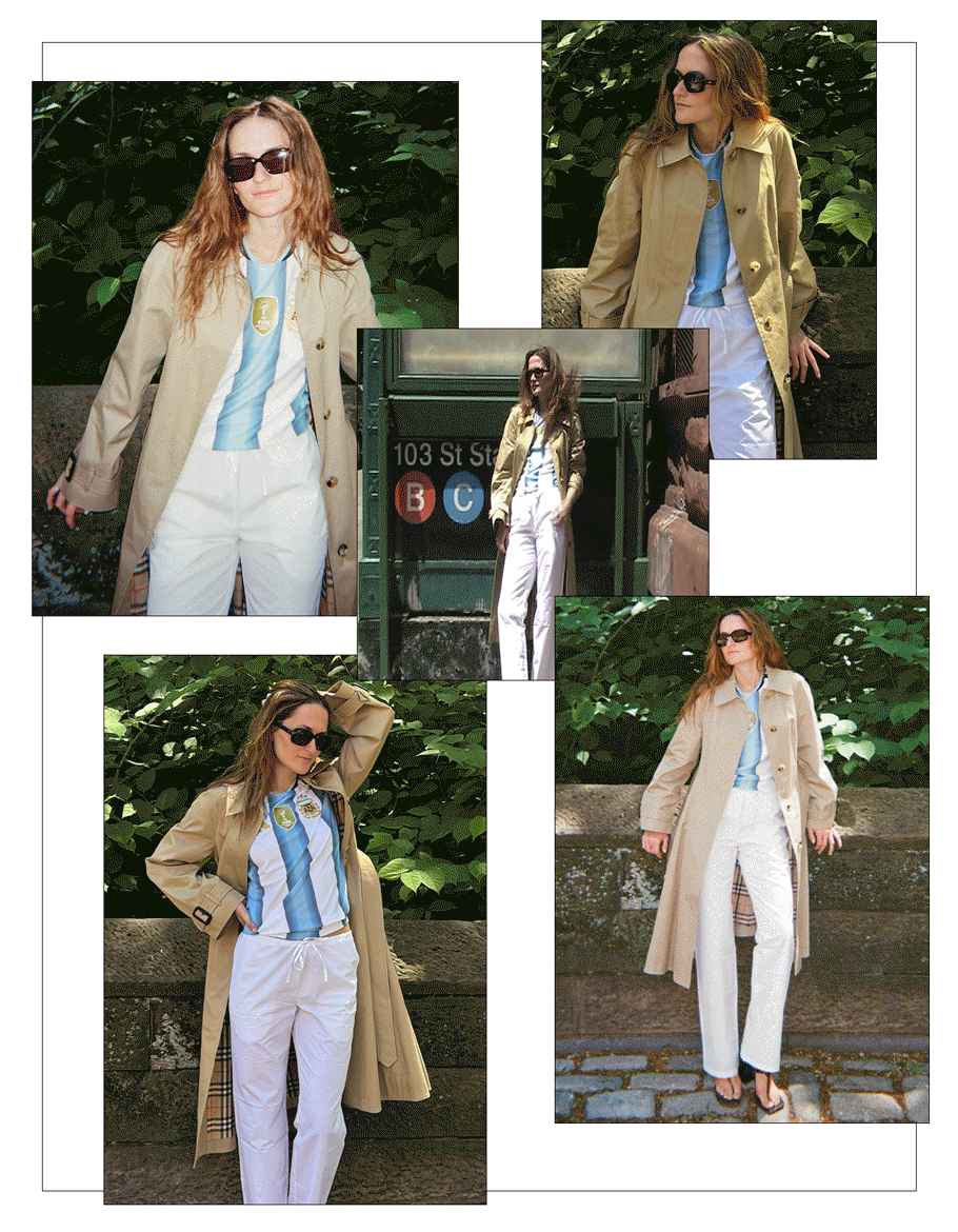 A collage of photos and videos of Eliza Huber styling the 2026 World Cup Adidas jersey for Argentina. She's wearing a jersey with white poplin pants and a Burberry trench coat.