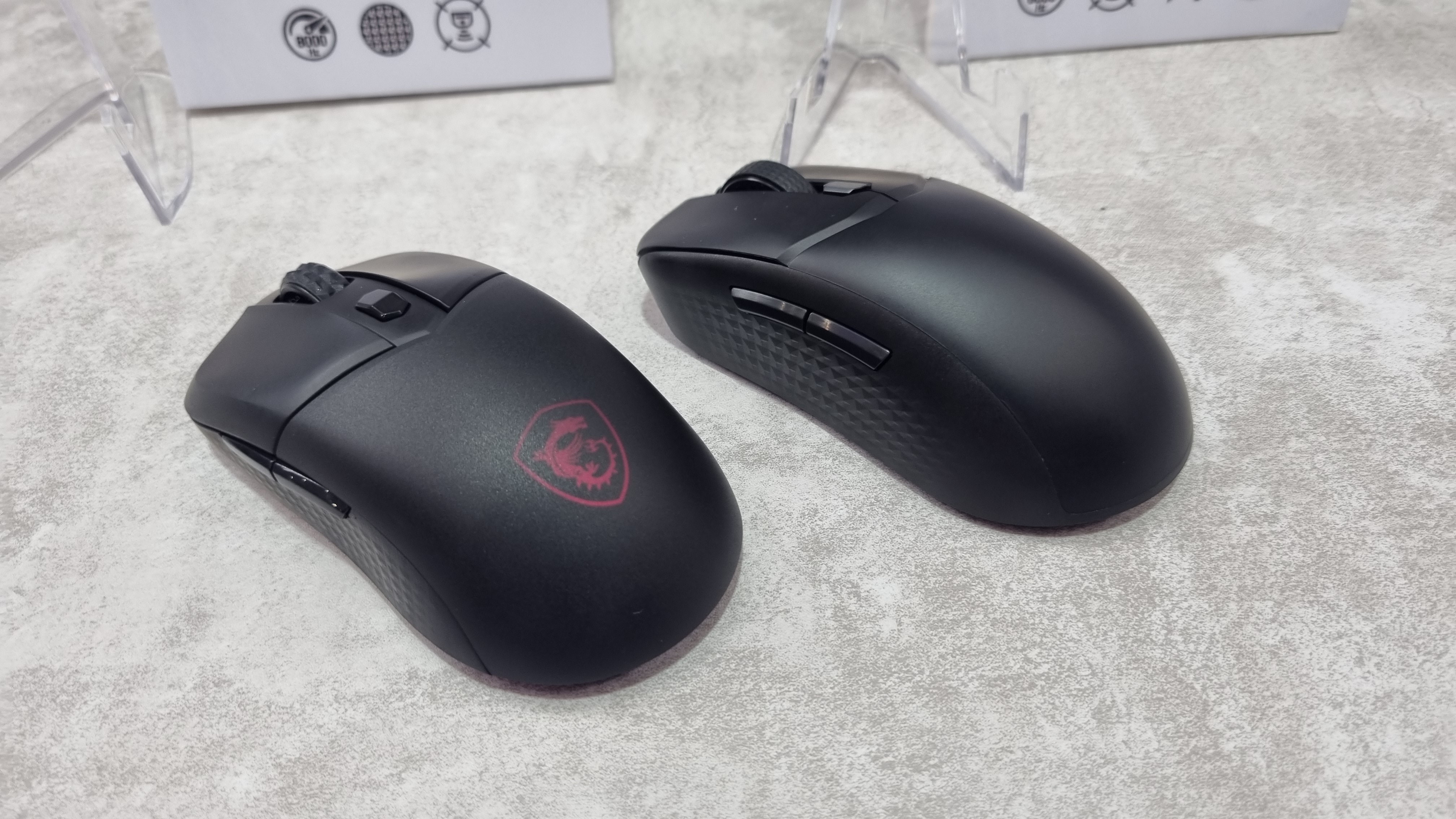 The MSI Versa 300 Wireless 8K and Versa 500 Wireless 8K gaming mice at the MSI booth at Computex