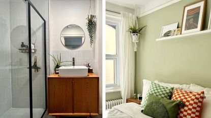 Two images from my apartment makeover. The left is a modern small bathroom with black fixtures, blue vertical tiling and wooden vanity. The second is a pale green bedroom with floating shelves and check throw cushion
