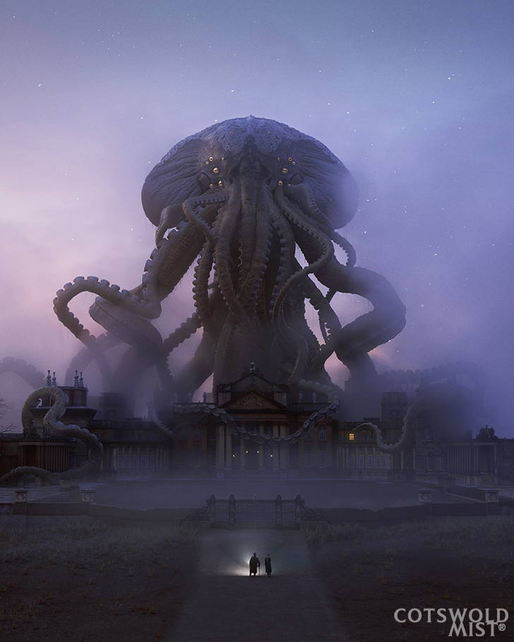 Cotswold Mist; a tentacled creature stands above an English country estate and manor