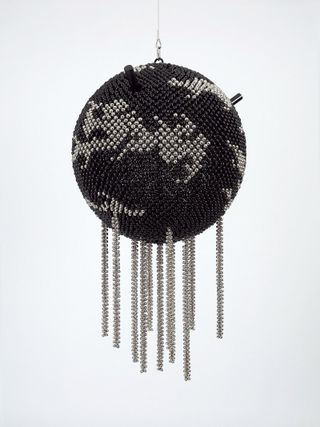 Black and silver metallic hanging ball