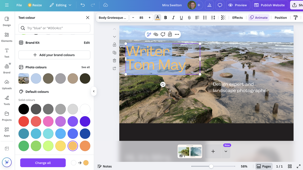 Editing text in Canva Websites