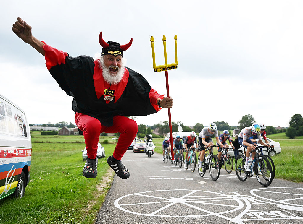 PONTARLIER, FRANCE - JULY 26: Didi Senft of Germany (Devil - Didi Devil) cheers the chase group during the 112th Tour de France 2025, Stage 20 a 184.2km stage from Nantua to Pontarlier / #UCIWT / on July 26, 2025 in Pontarlier, France. (Photo by Tim de Waele/Getty Images)