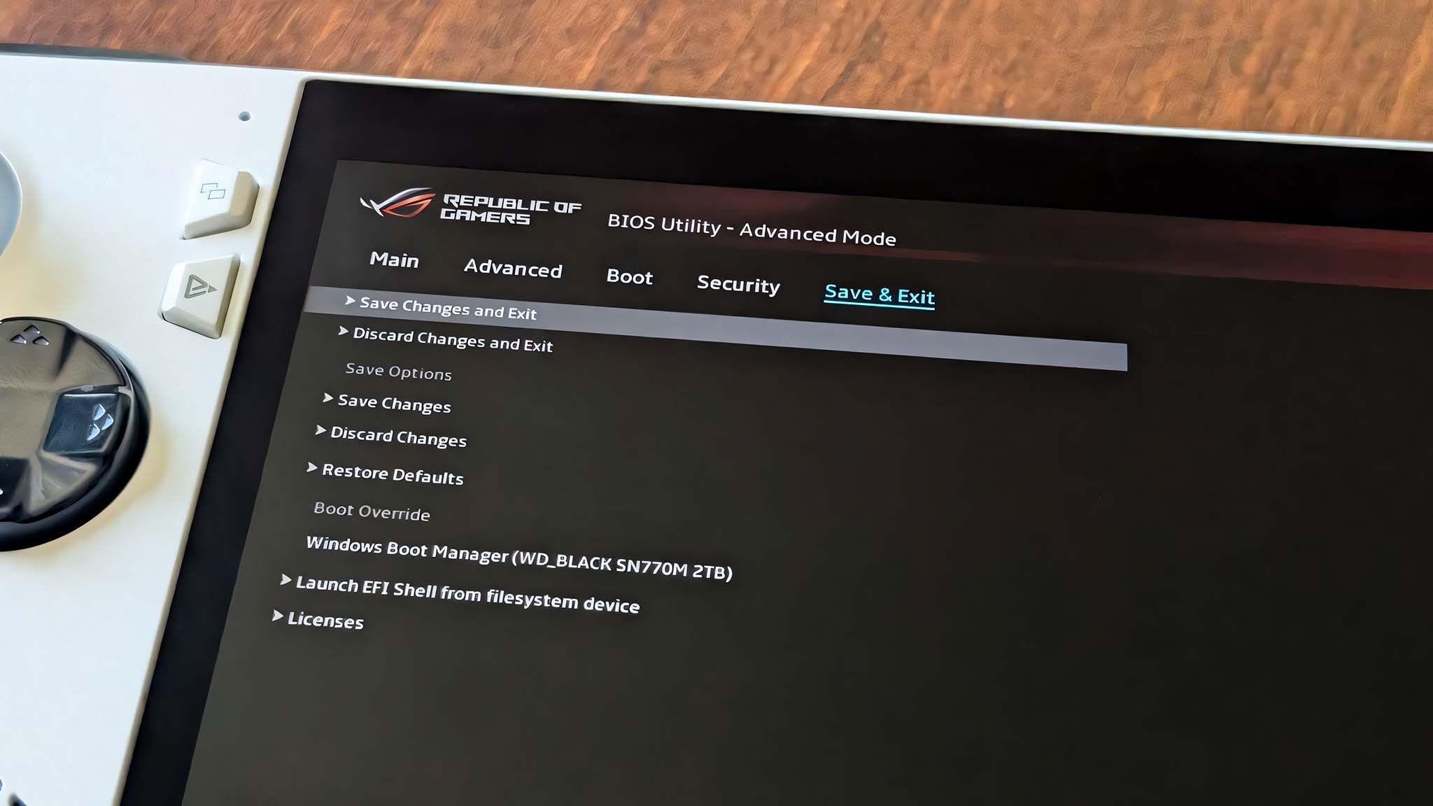 ROG Ally BIOS with Save & Exit highlighted.
