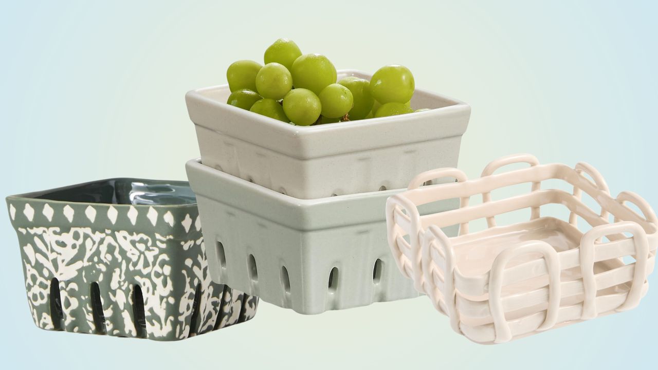 Light blue and green gradient background with three images of ceramic fruit baskets