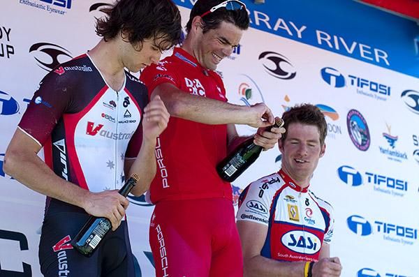 The stage eleven podium (l-r): Michael Freiberg (2nd,V Australia), Rhys Pollock (1st,Drapac Porsche) and Glen O'Shea (3rd,Team SASI).