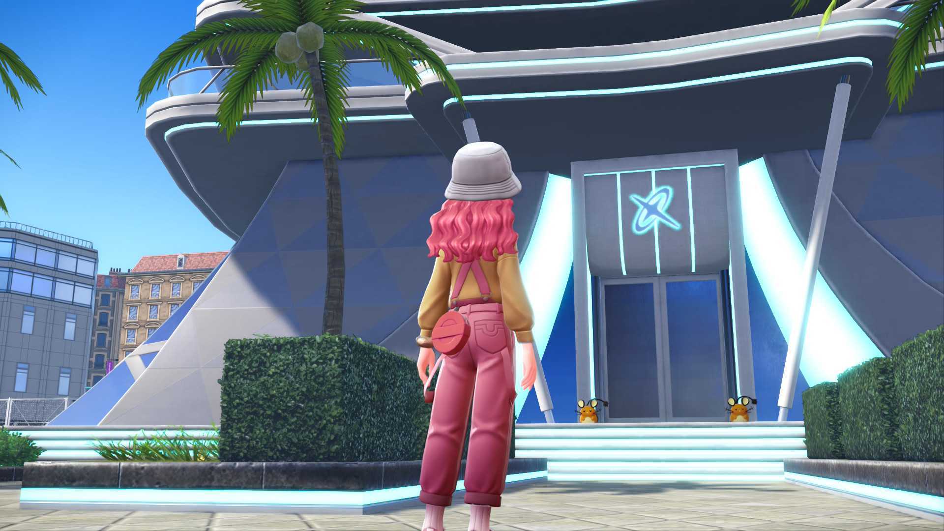 A pink-haired trainer stood outside Quasartico Inc in Pokemon Legends: Z-A.