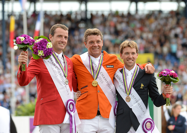 Individual medallists at the 2015 European Showjumping Championships: the Netherlands' Jeroen Dubbeldam (gold), Belgium's Gregory Wathelet (silver) and France's Simon Delestre (bronze). Picture by Peter Nixon