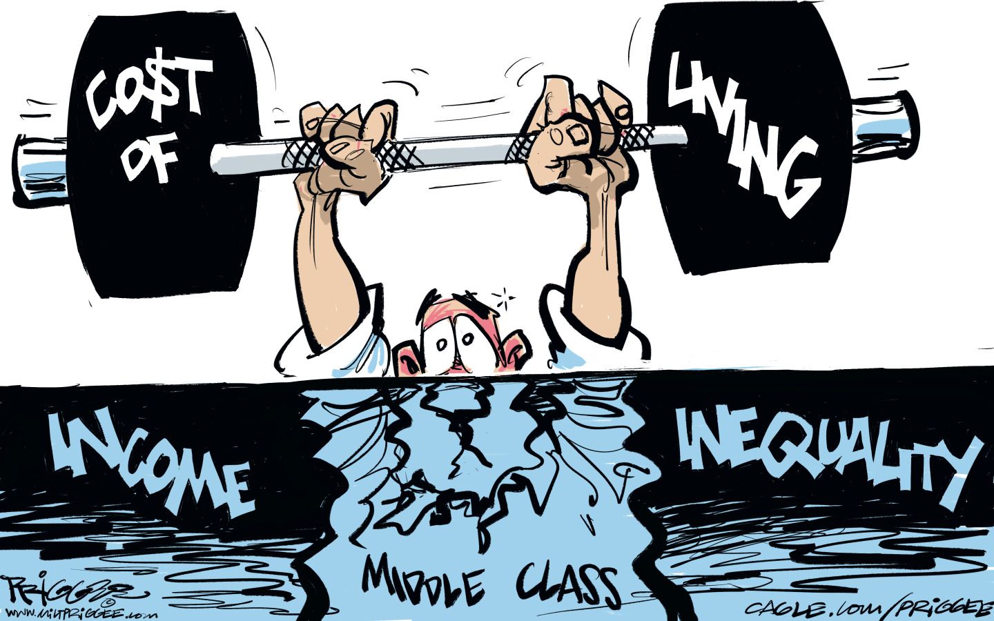 
                                A middle class man is struggling to lift a weight labeled “Co$t of living.” The man is up to his eyes in water labeled “Income Inequality.”
                            