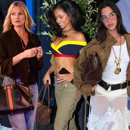 Collage of celebrities wearing the east-west Gucci Borsetto bag