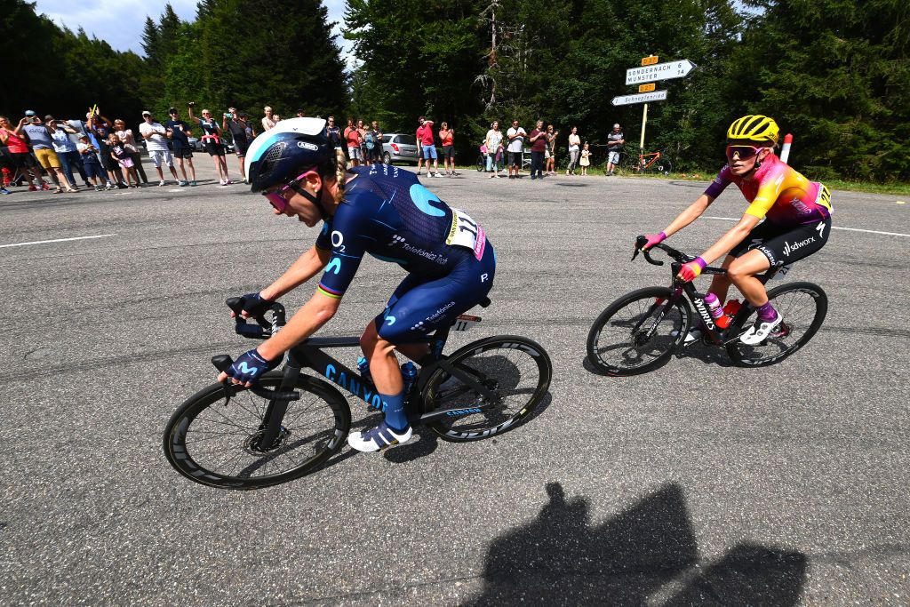 LE MARKSTEIN FRANCE JULY 30 LR Annemiek Van Vleuten of Netherlands and Movistar Team and Demi Vollering of Netherlands and Team SD Worx compete in the breakaway during the 1st Tour de France Femmes 2022 Stage 7 a 1271km stage from Slestat to Le Marksteinc TDFF UCIWWT on July 30 2022 in Le Markstein France Photo by Tim de WaeleGetty Images