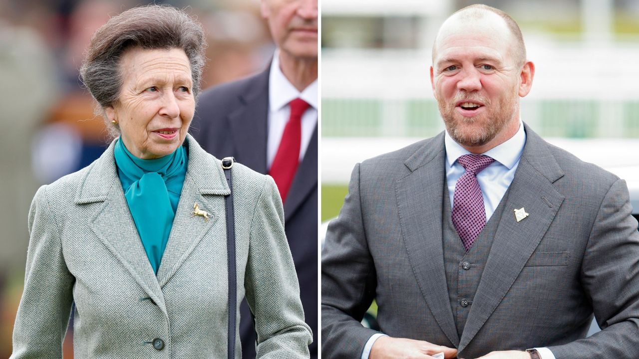 Composite of a picture of Princess Anne on day 2 of the 2024 Royal Windsor Horse Show and Mike Tindall attending day 2 &#039;Ladies Day&#039; of the Cheltenham Festival in 2018