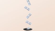 Irresponsible spending concept image showing stacks of dollar bills pouring down a drain.