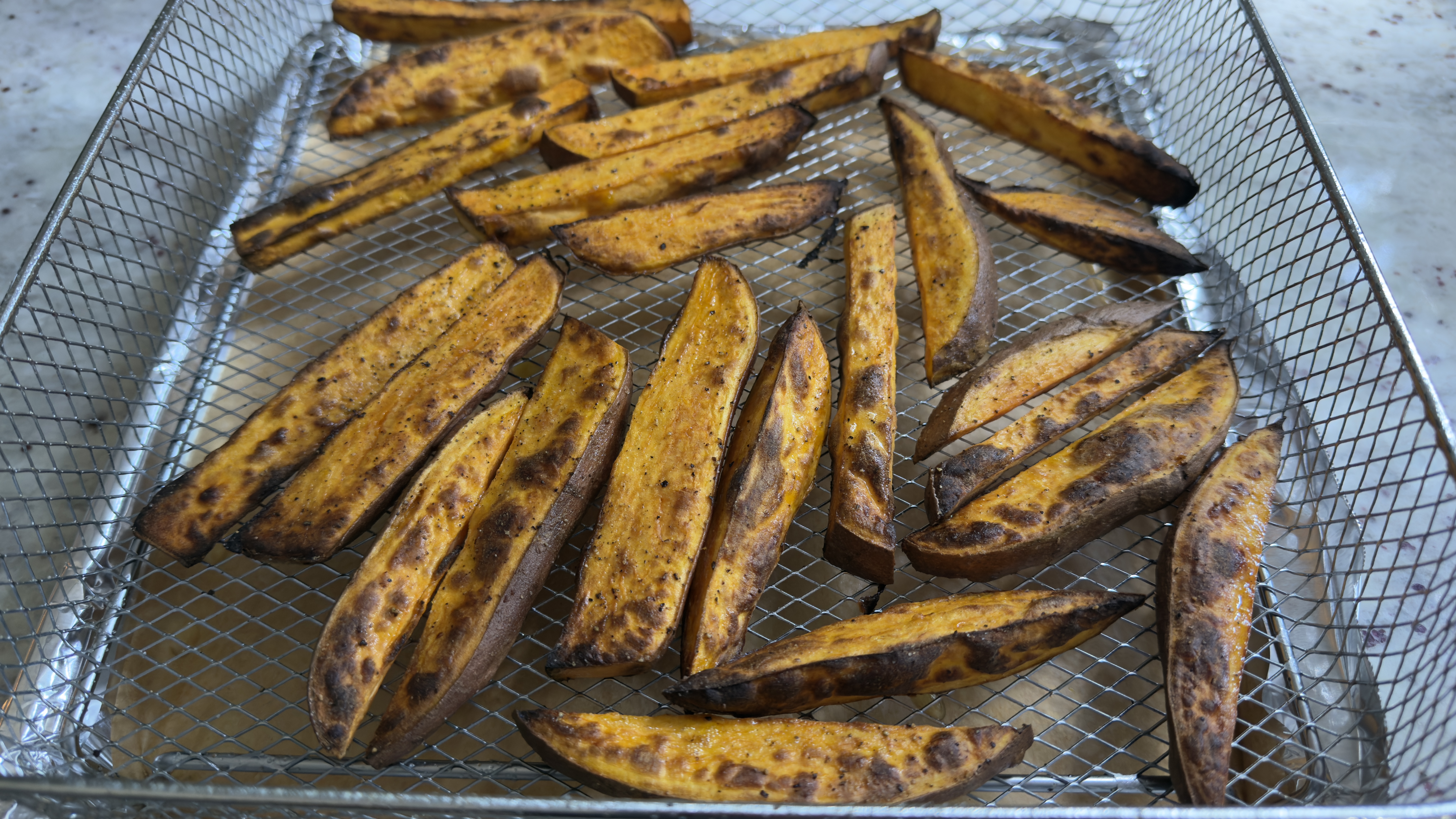 Sweet potato fries made in Ninja French Door Air Fryer and Countertop Oven