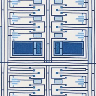 ’Design 105 Blues’, 2017. A fabric design with geometric patterns in shades on blue.