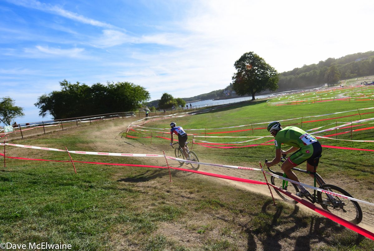 Curtis White (Cannondale) taking a flier as Jeremy Powers is forced to chase