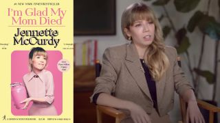 The book cover of I'm Glad My Mom Died and Jennette McCurdy talking about her memoir on ABC.
