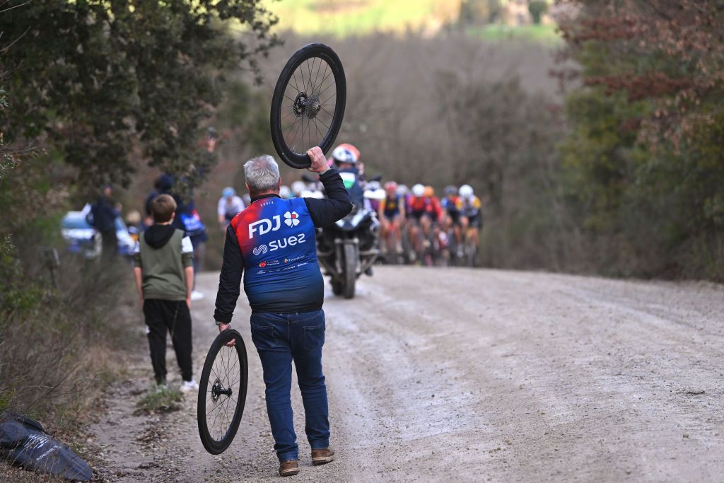 The peloton during Strade Bianche 2024