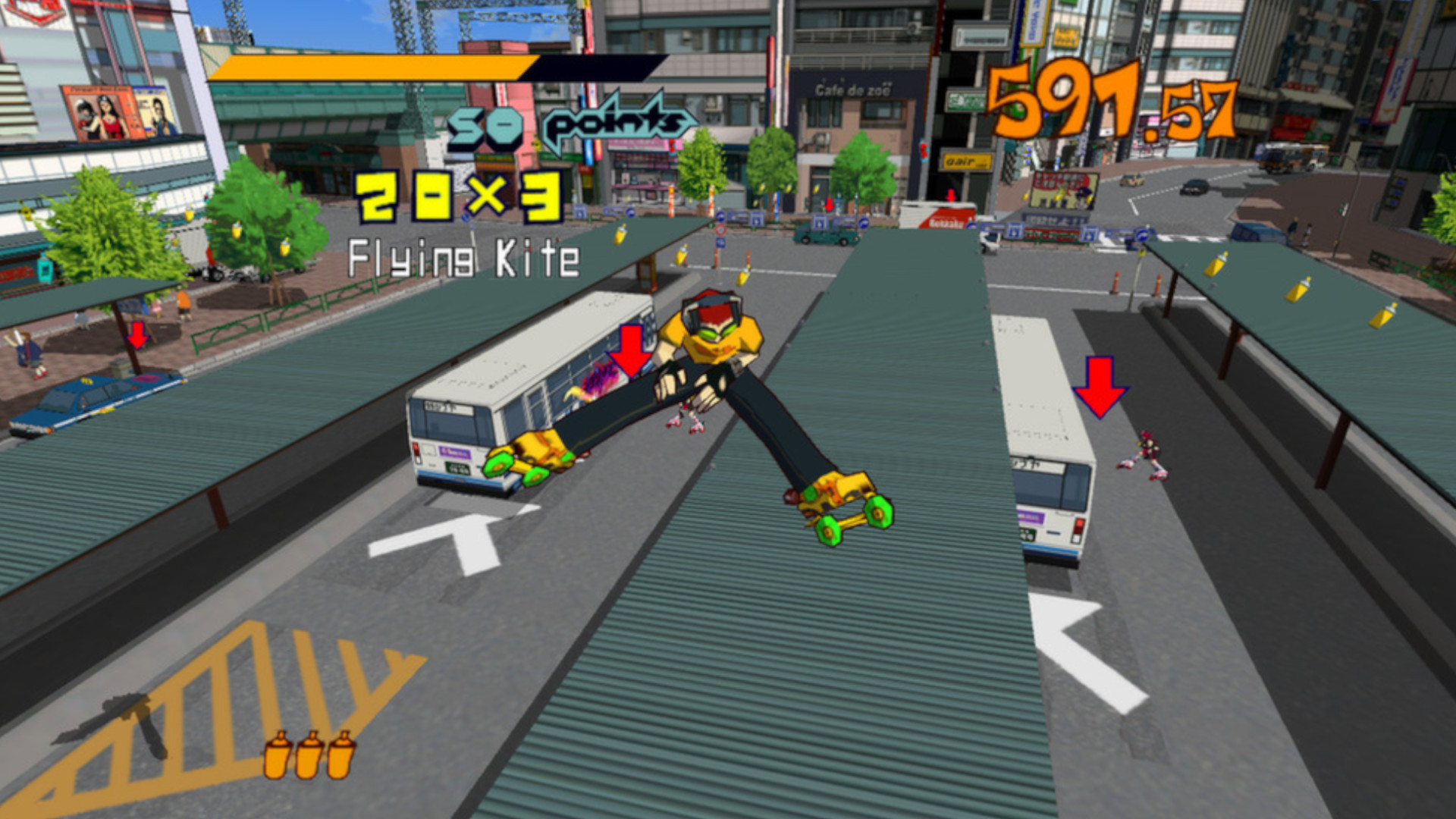 A man doing the splits during a moment in the game Jet Set Radio