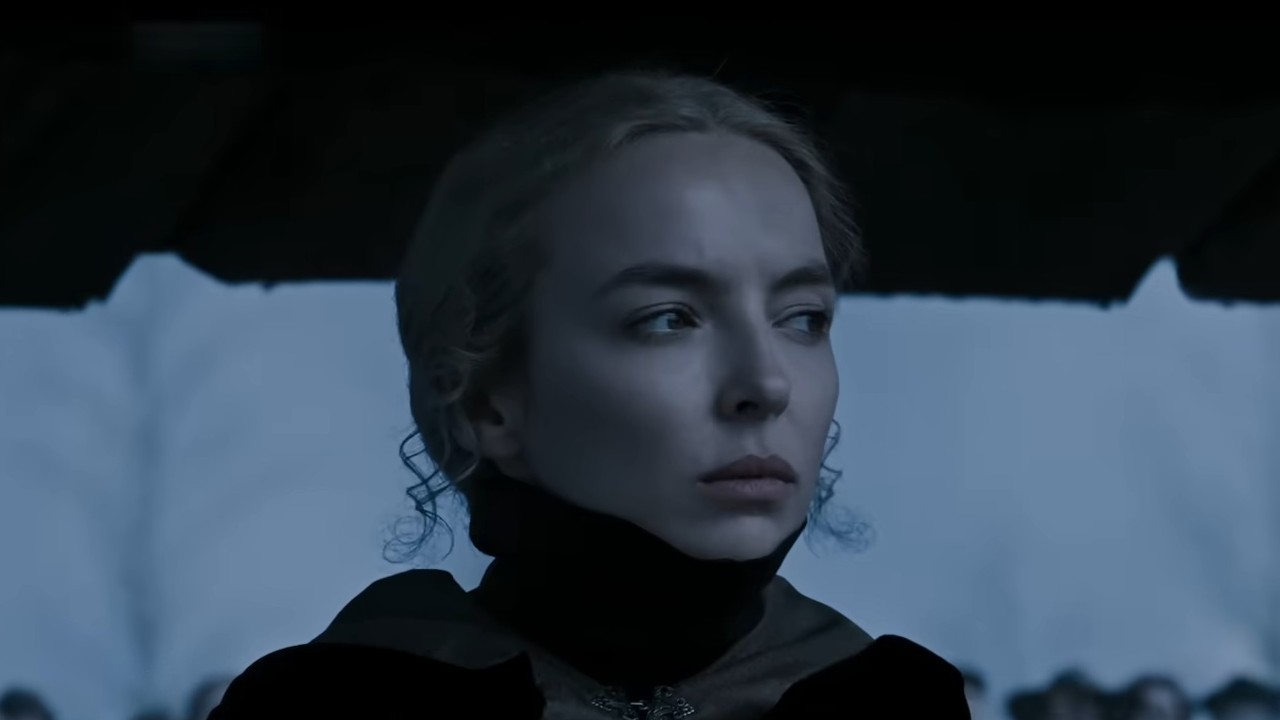 Jodie Comer glancing to the side in The Last Duel