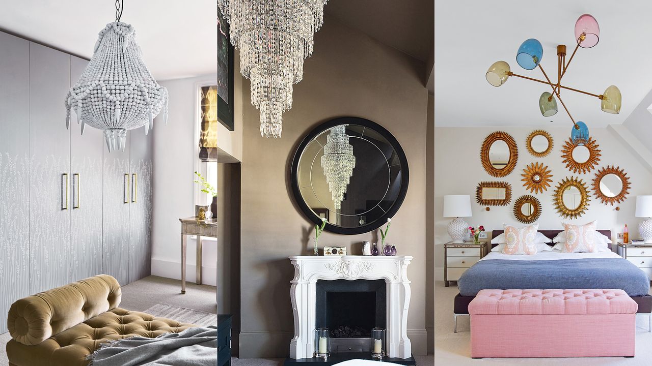 An example of bedroom chandelier ideas showing a composite of three images showing white, silver and multi colored bedroom chandeliers