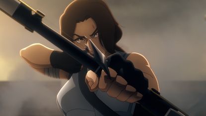 Lara Croft draws an arrow back in her bow in her Tomb Raider animated series
