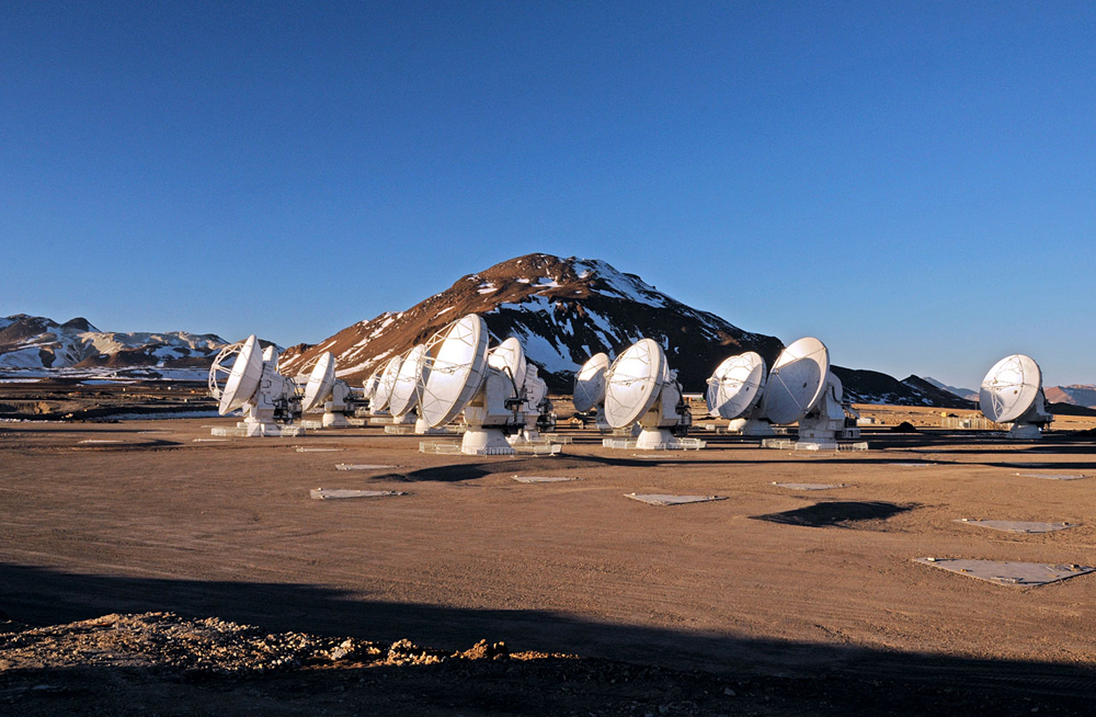 This picture of the ALMA radio antennas on the Chajnantor Plateau in Chile, 16,500 feet above sea level, was taken a few days before the start of ALMA Early Science operations. Nineteen antennas are on the plateau.