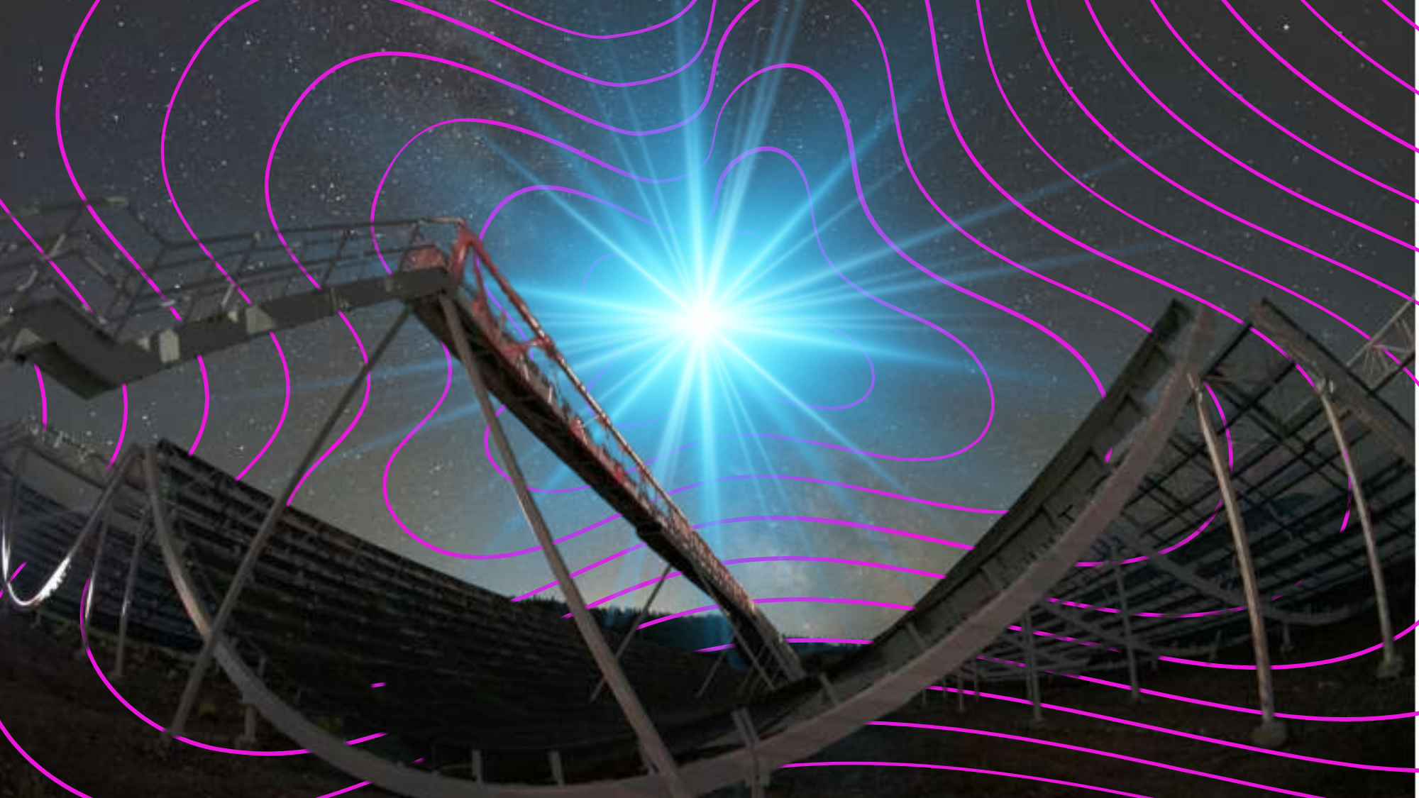 The CHIME instrument and an illustration of radio waves from the early universe