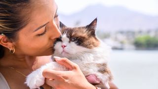 Woman hugging cat