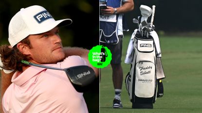 Freddy Schott hits a mini driver and a close up of his golf bag