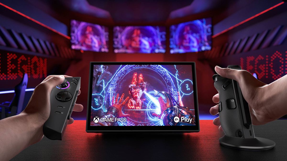 Lenovo Legion Go 2 handheld being used with controllers detached in "console" mode.