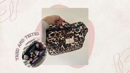 An image of hand holding a leopard print The Flat Lay Co. The Showcase XL Makeup Bag closed on a beige background, with a circular image of The Flat Lay Co. The Showcase XL Makeup Bag open with all of its contents inside, a pink 'tried and tested' banner, pink motifs and pink swirls