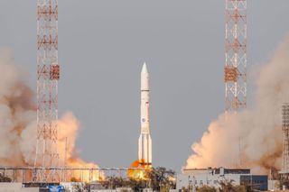 A Russian Proton rocket launches Eutelsat's 5 West B communications satellite and Northrop Grumman's Mission Extension Vehicle-1 from Baikonur Cosmodrome in Kazakhstan on Oct. 9, 2019.