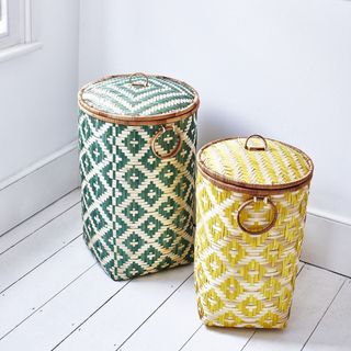 Woven Green Bamboo Laundry Basket